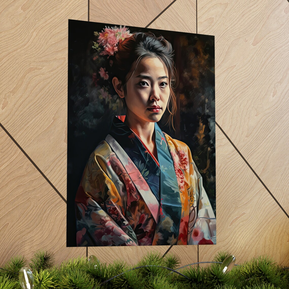 Japanese Woman Colorful Floral Kimono Flower Hairpiece Portrait Poster - Image 2