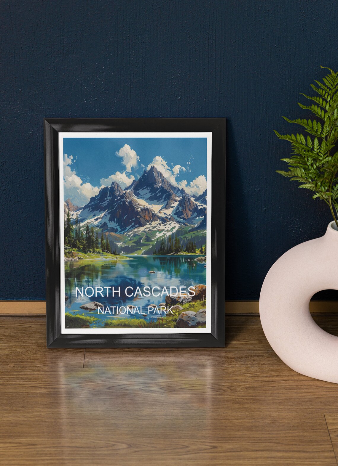 North Cascades National Park Snowy Peak Blue Lake View Travel Poster
