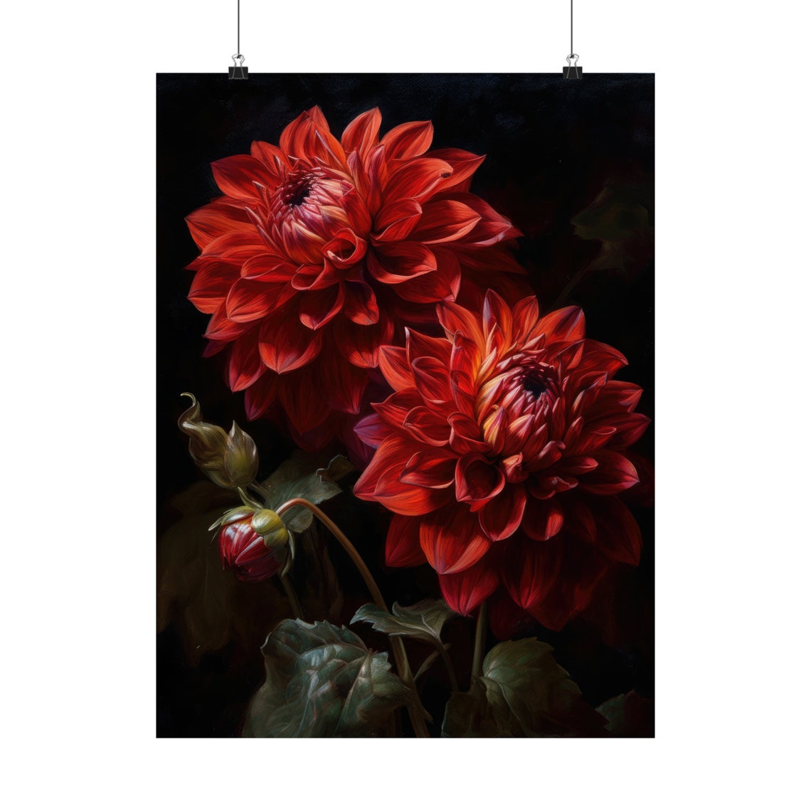 Crimson Red Dahlia Blooms Moody Dark Floral Botanical Art Print - Image 5