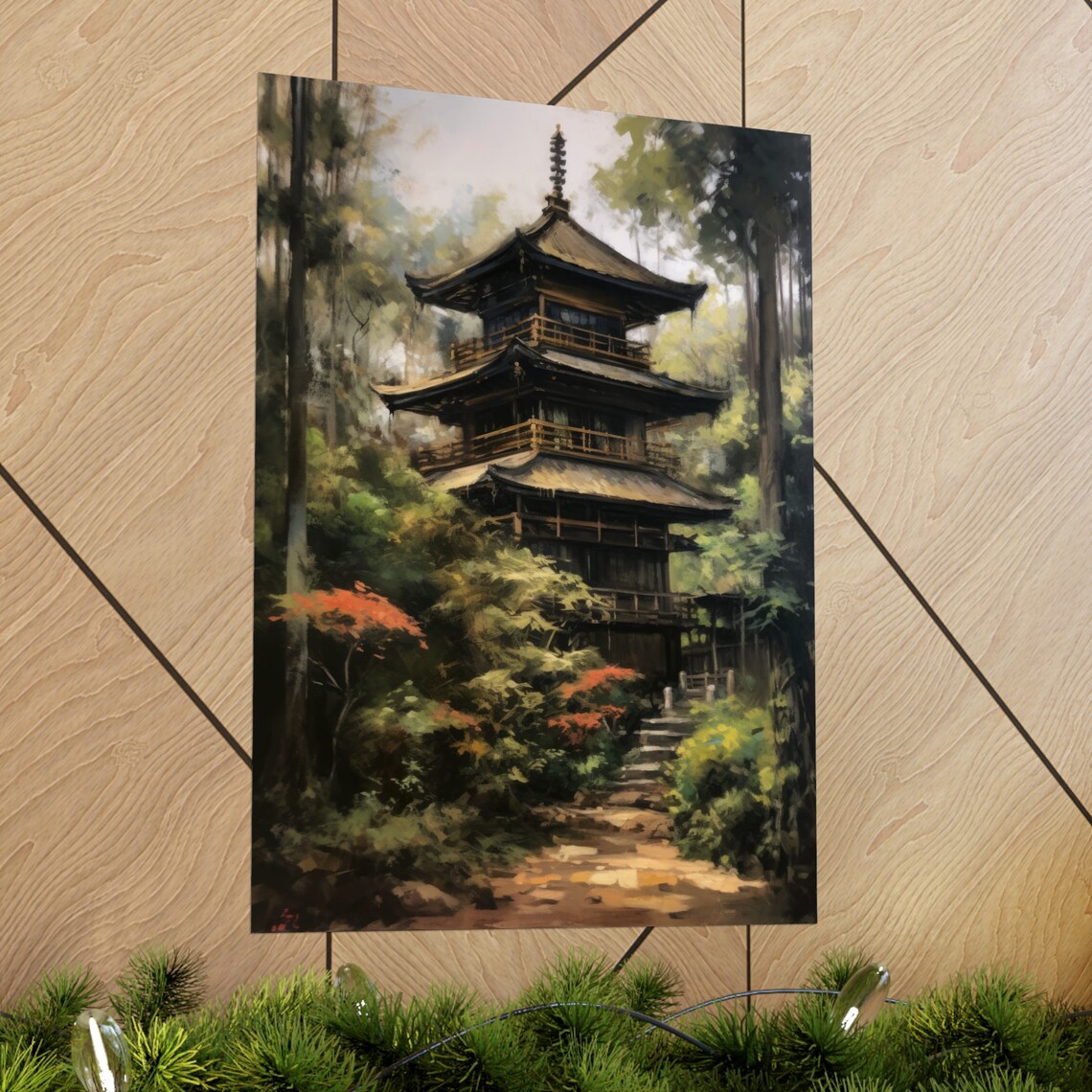 Japanese Pagoda Temple in Misty Forest Painting Travel Poster - Image 2
