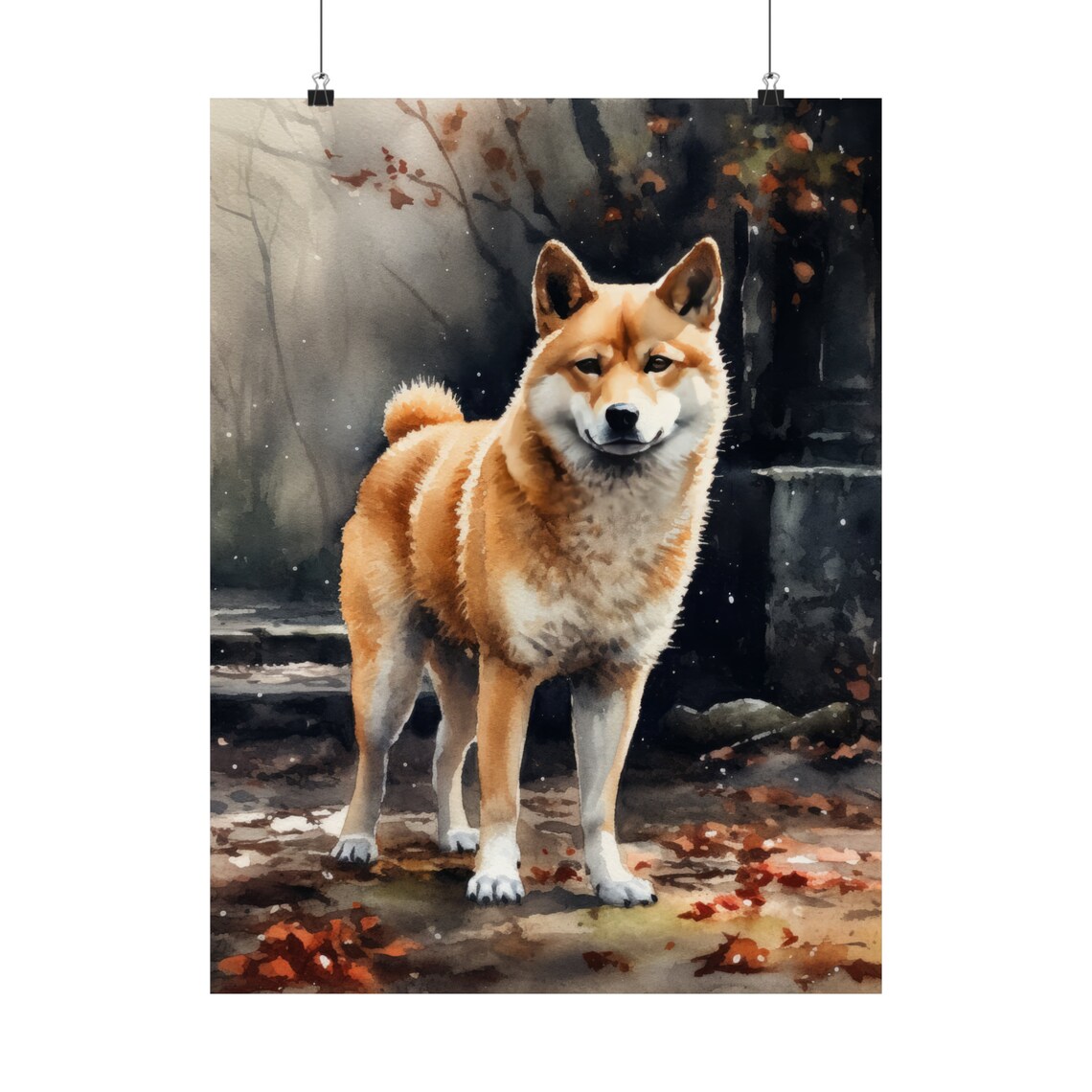 Shiba Inu Misty Autumn Forest Ruins Watercolor Portrait Poster - Image 5