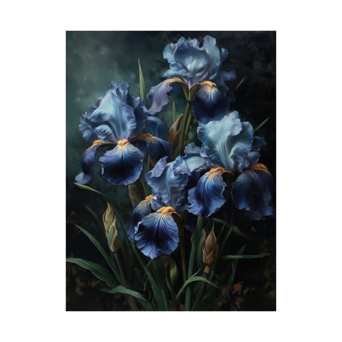 Midnight Blue Iris Blooms Dramatic Dark Botanical Wall Art Print - Image 4