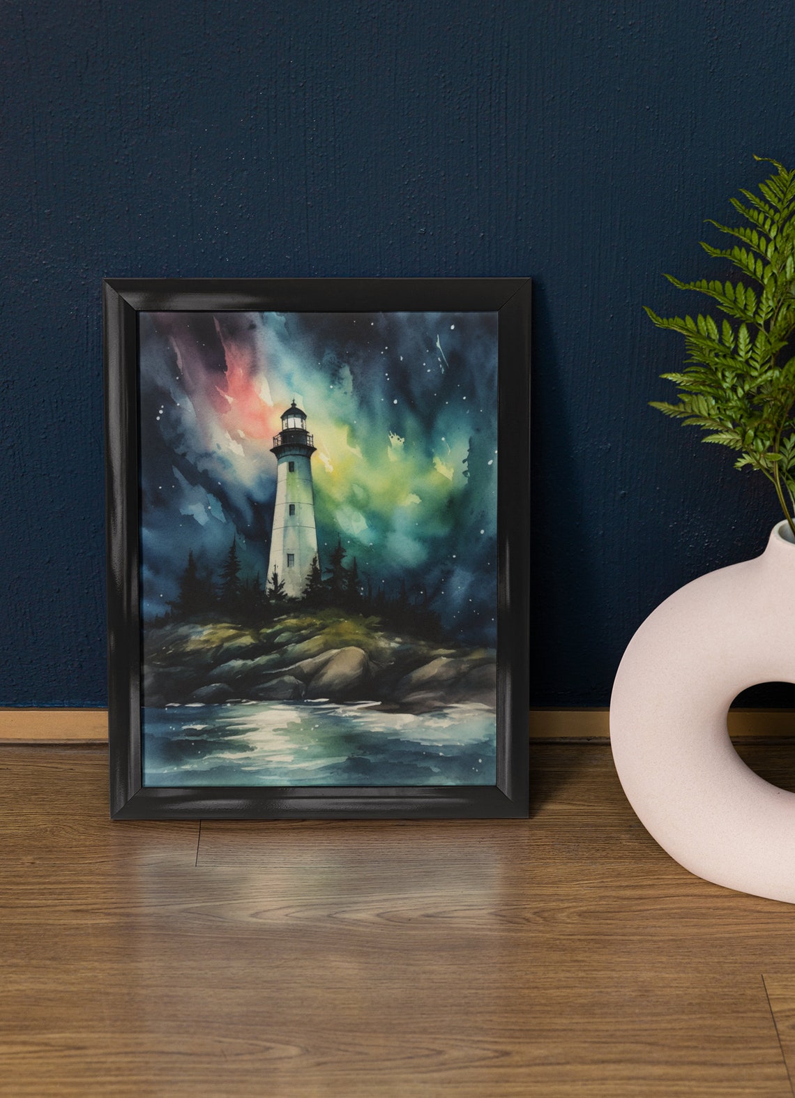 White Lighthouse Pine Shore Aurora Night Sky Watercolor Poster