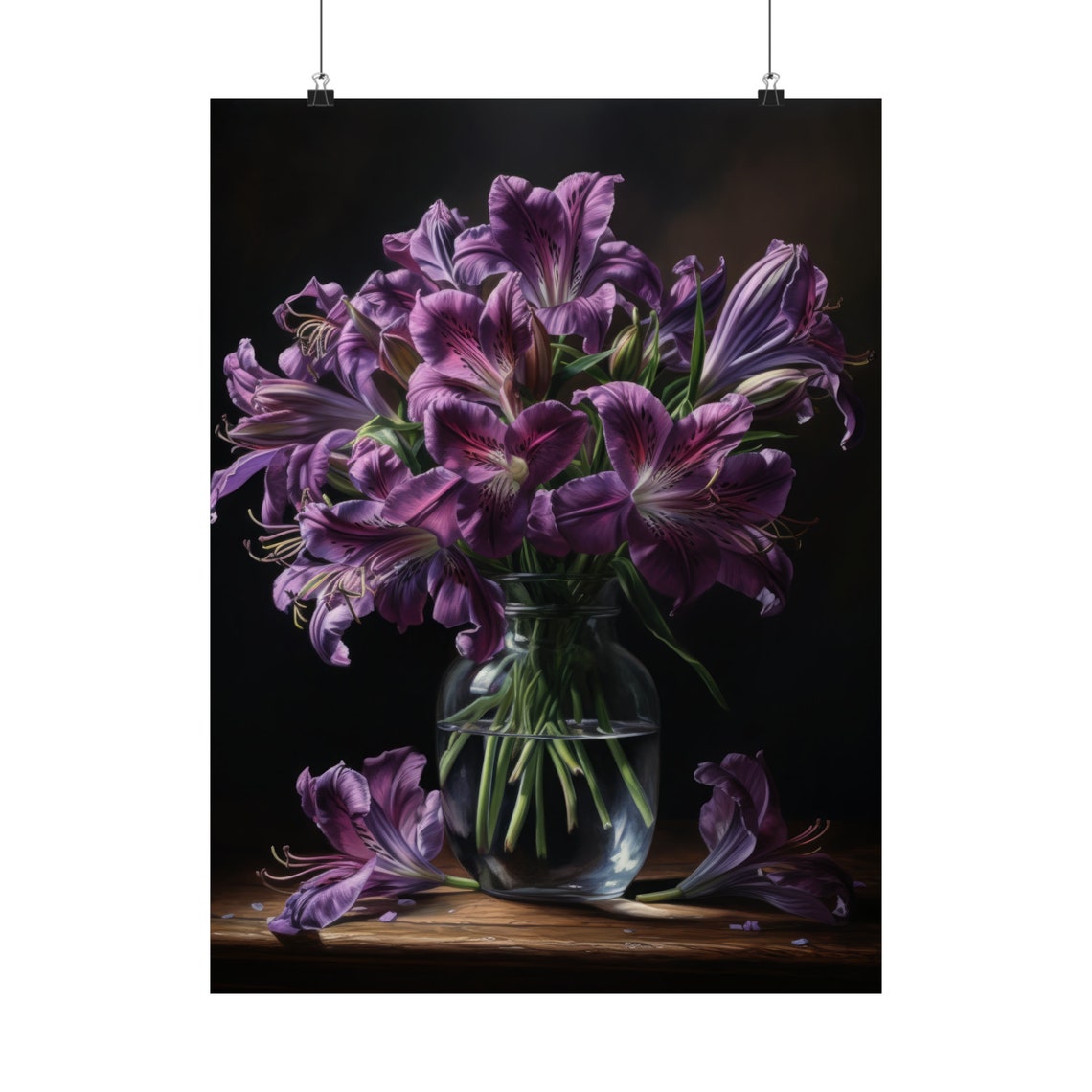 Purple Peruvian Lily Bouquet Dark Still Life Botanical Poster - Image 5