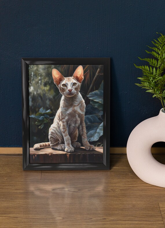 Devon Rex Cat Portrait Wooden Stump Cream Wavy Coat Large Ears Art Print