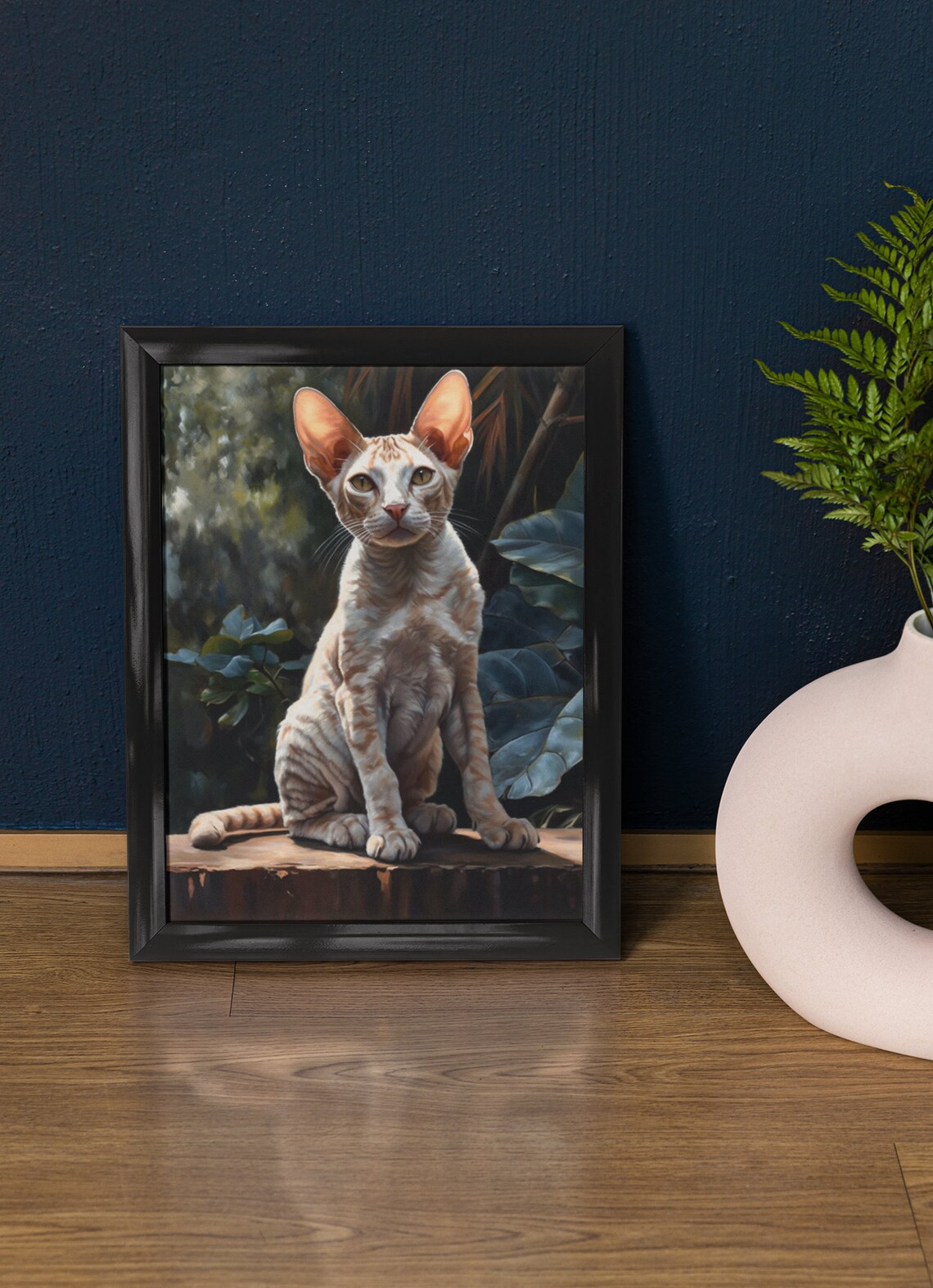 Devon Rex Cat Portrait Wooden Stump Cream Wavy Coat Large Ears Art Print