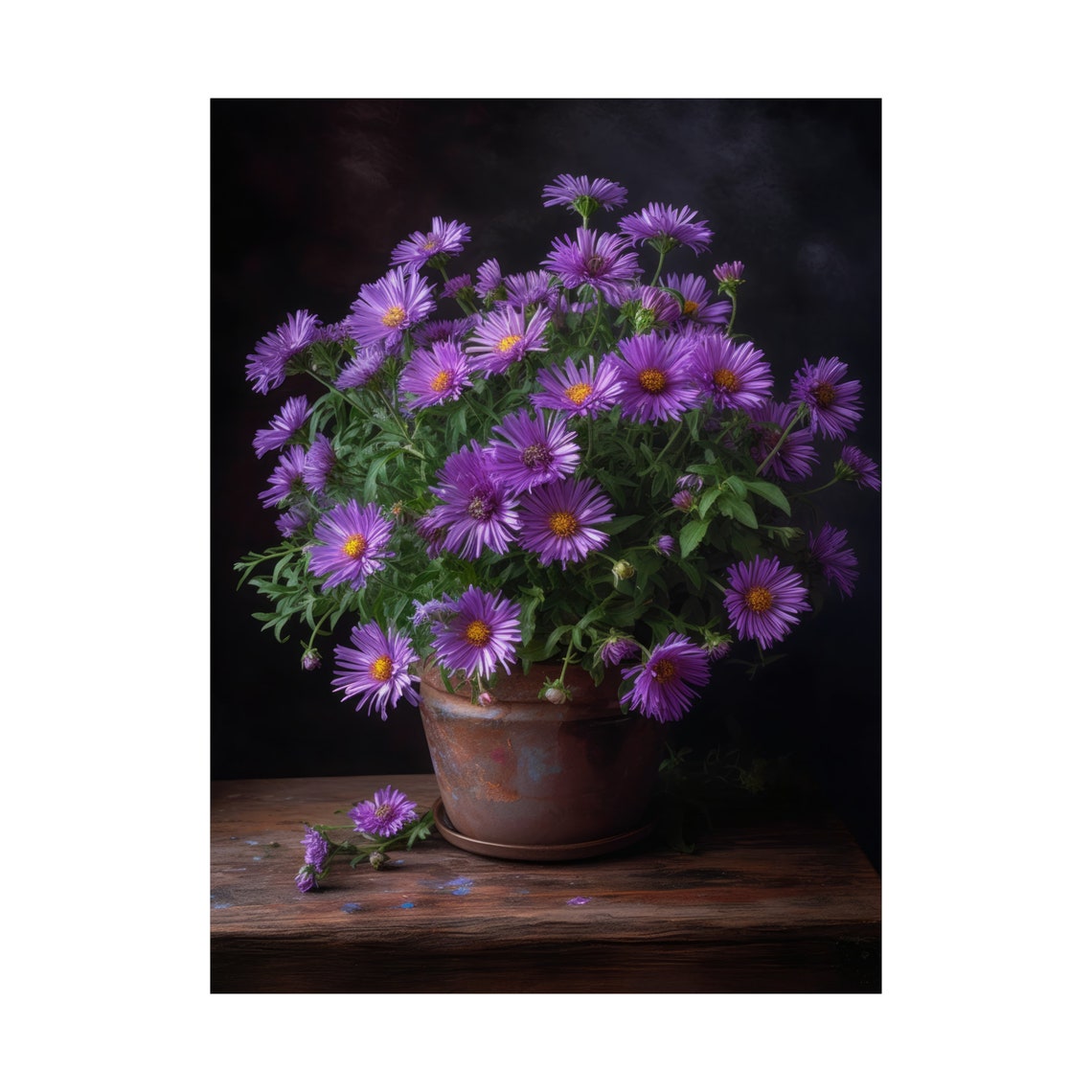Purple Aster Flowers Rustic Copper Pot Moody Floral Painting Art Print - Image 4