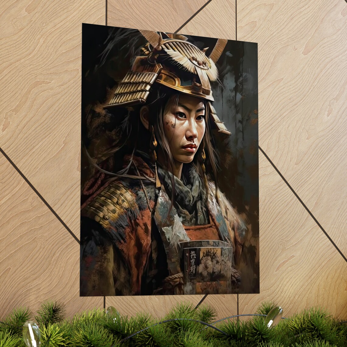 Female Samurai Warrior in Ornate Kabuto Helmet Oil Painting Art Print - Image 2