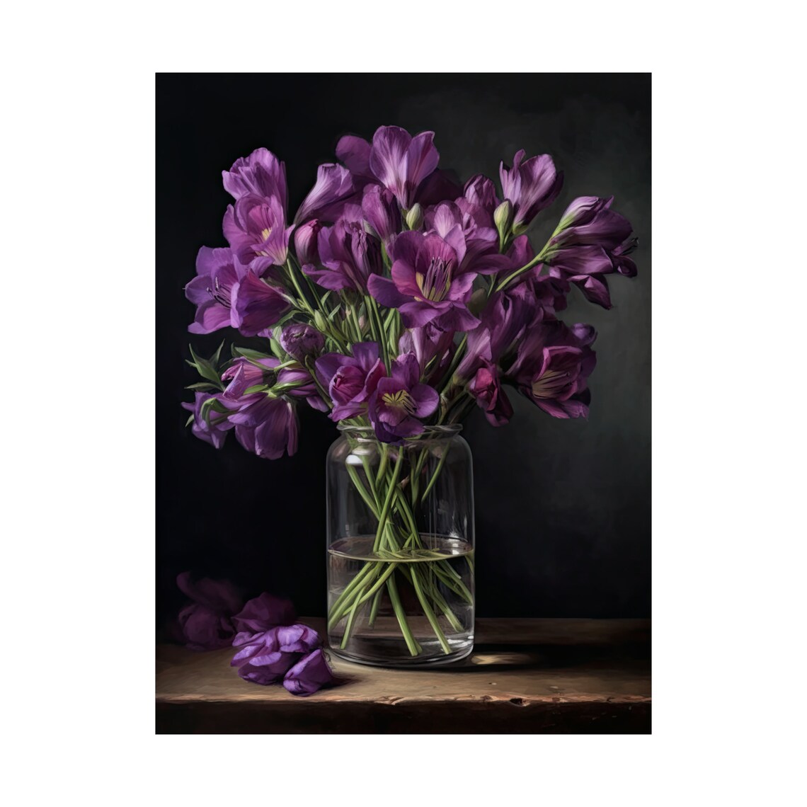 Violet Purple Freesia Bouquet Glass Vase Dark Still Life Poster - Image 4