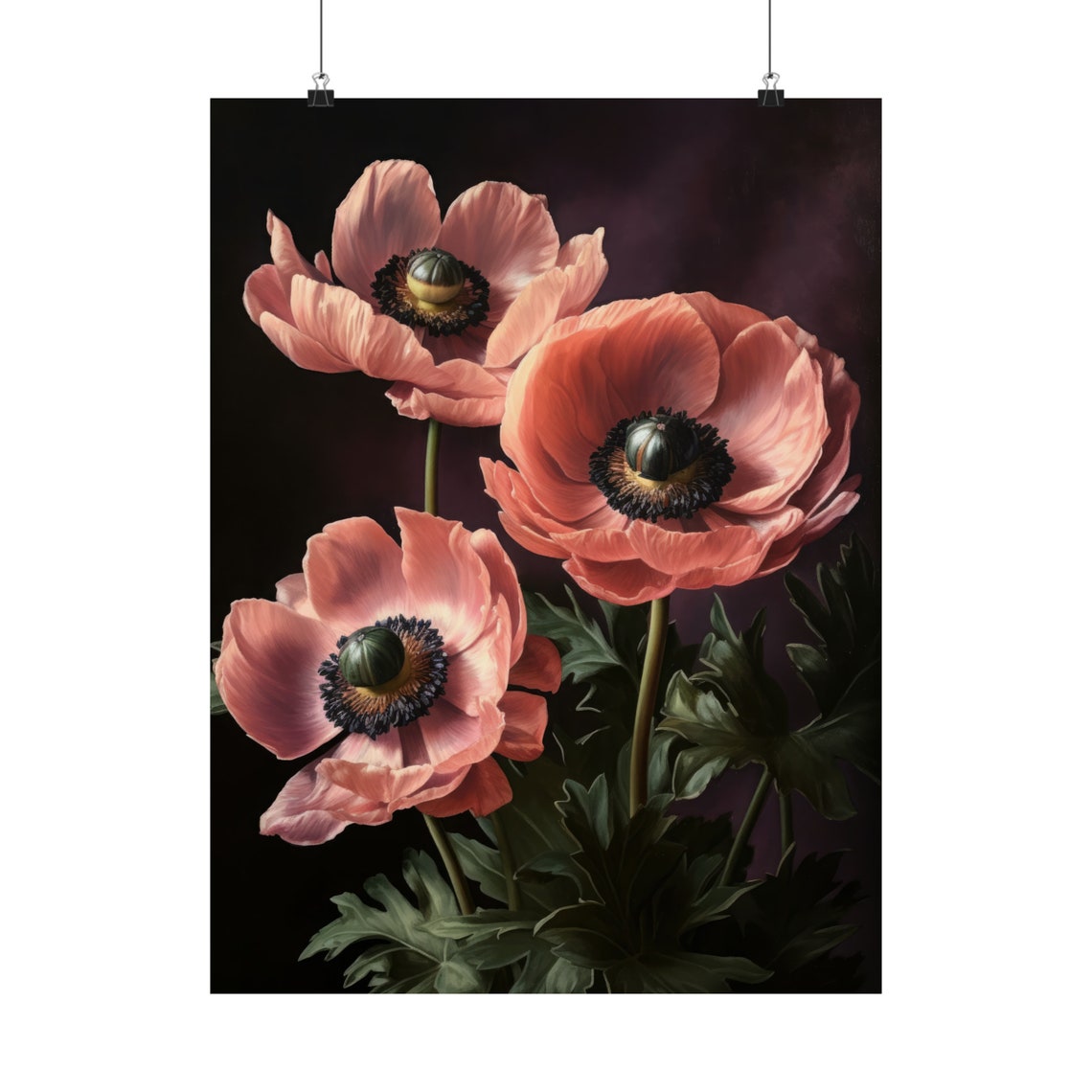 Coral Pink Anemone Blooms Dark Moody Floral Still Life Poster - Image 5