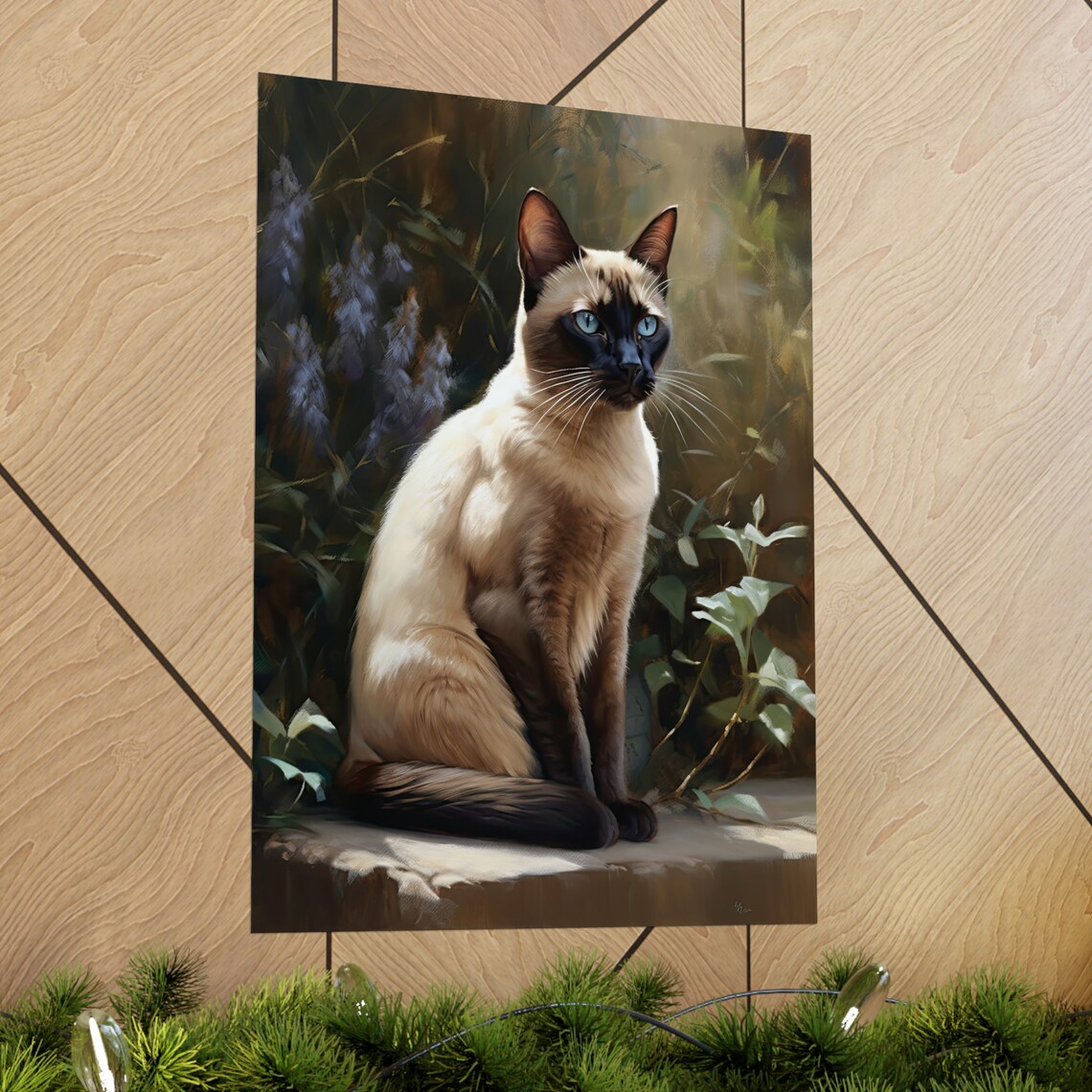 Tonkinese Cat Seal Point Blue Eyes Sitting Among Garden Flowers Print - Image 2