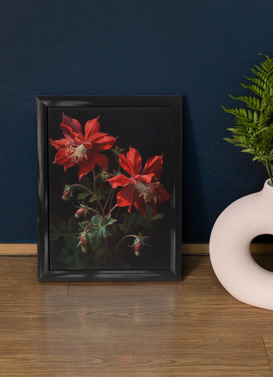 Red Columbine Flowers Moody Dark Botanical Oil Painting Art Print