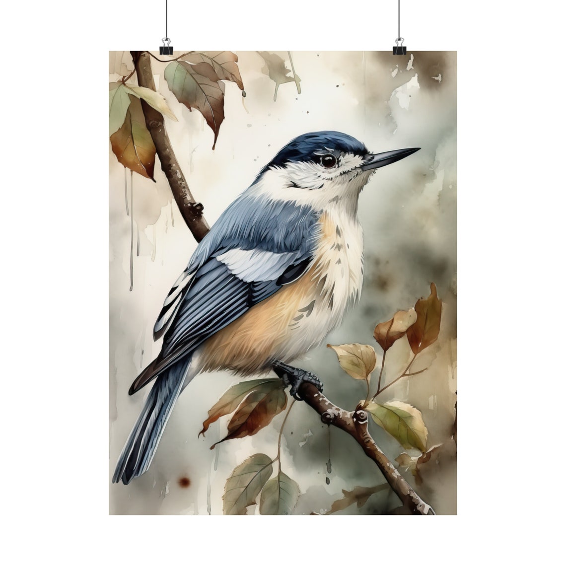 White Breasted Nuthatch Bird Watercolor Autumn Branch Fine Art Poster - Image 5
