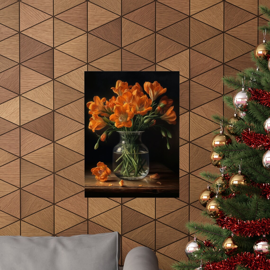 Orange Freesia Bouquet Glass Vase Still Life Floral Art Poster - Image 3