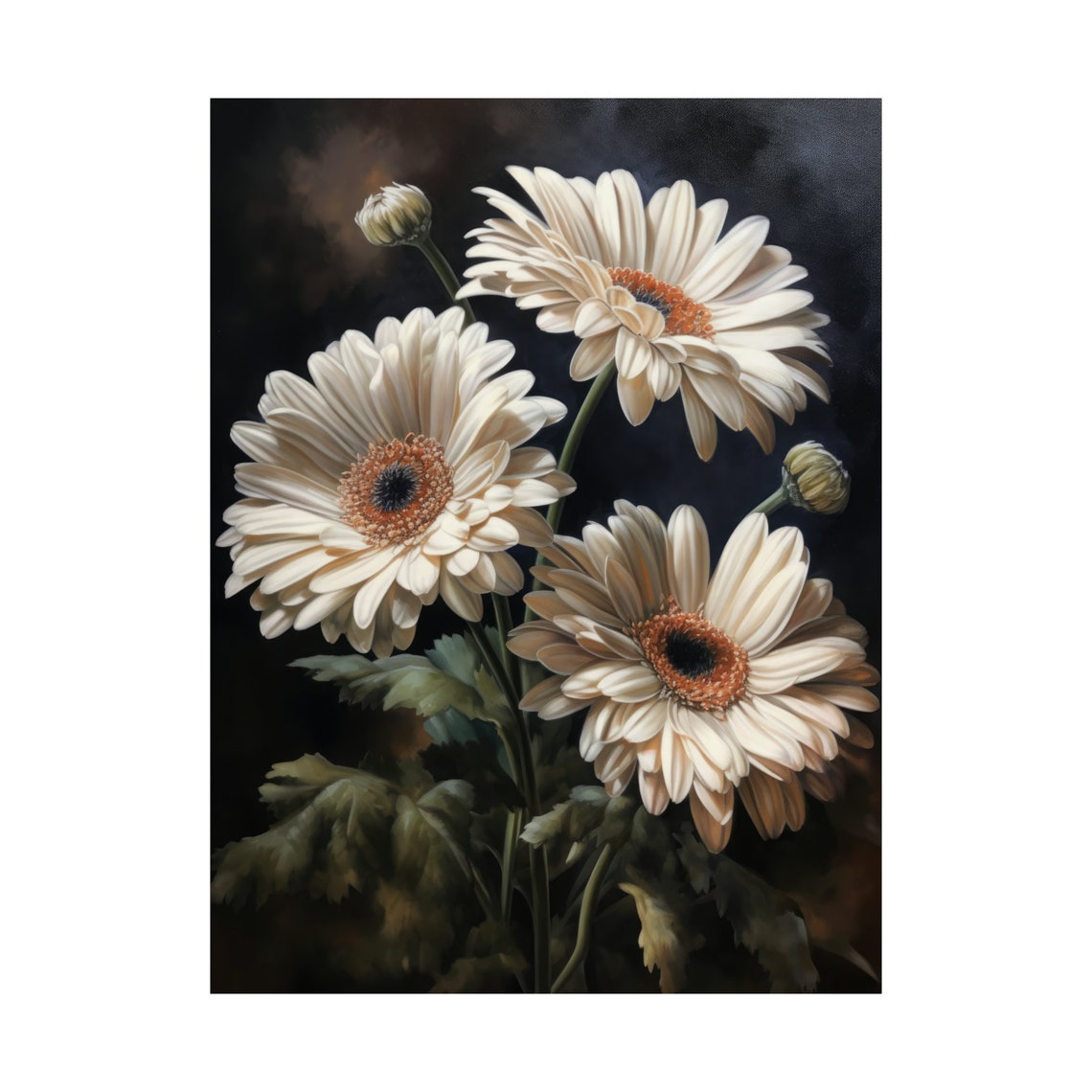 White Gerbera Daisy Cream Blooms Dark Background Botanical Art Poster - Image 4