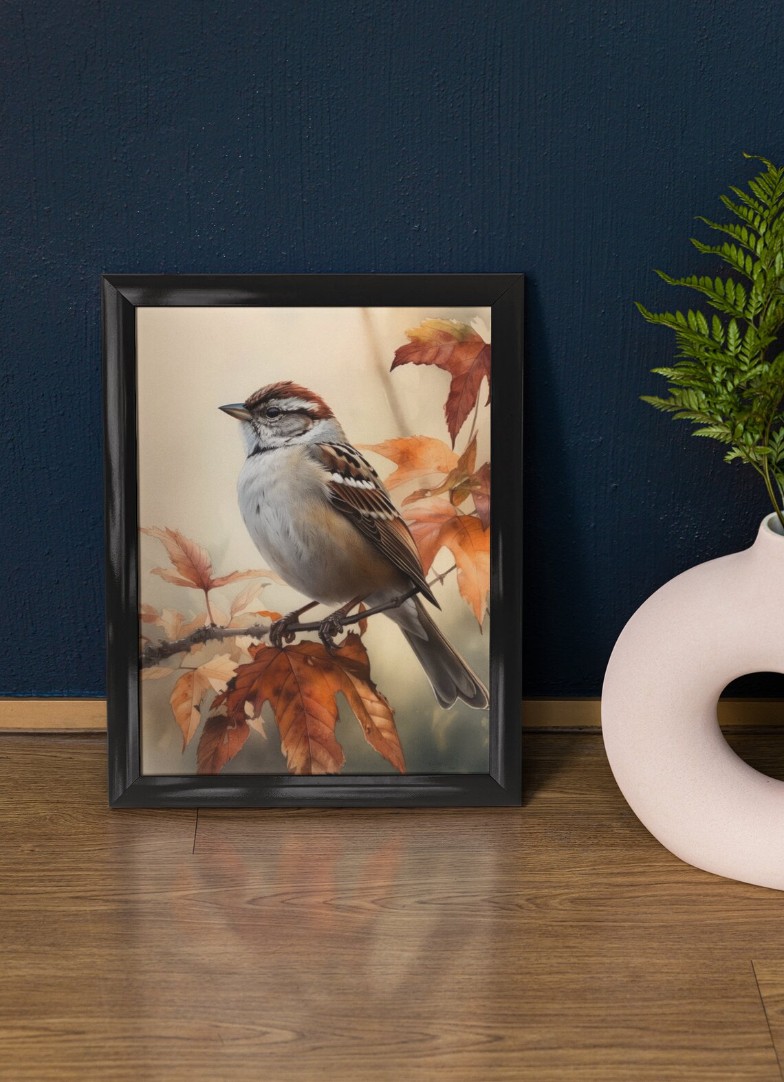 Chipping Sparrow On Autumn Leaves Branch Watercolor Bird Art Print