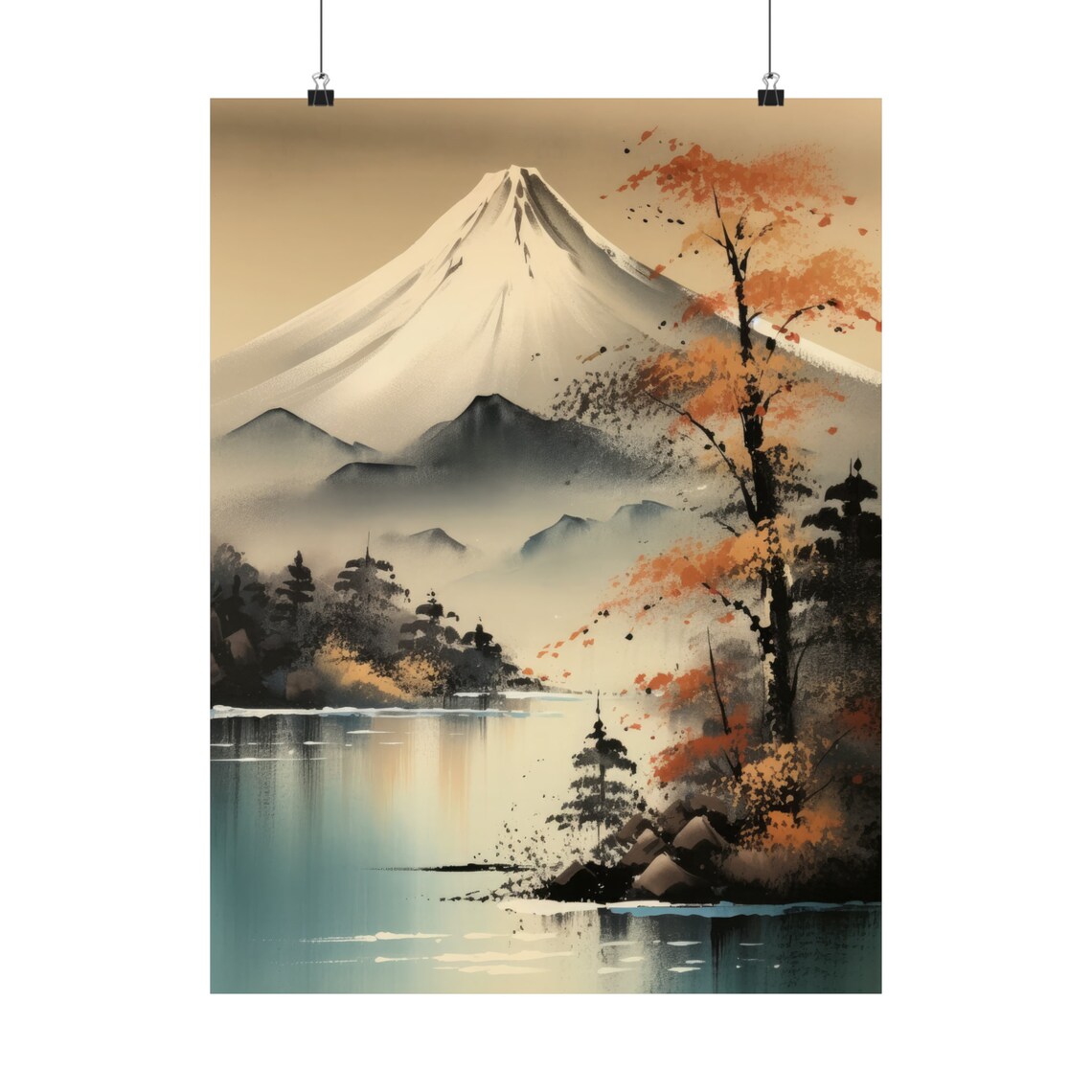 Mt Fuji Misty Autumn Lake Reflection Serene Ink Wash Travel Poster - Image 5