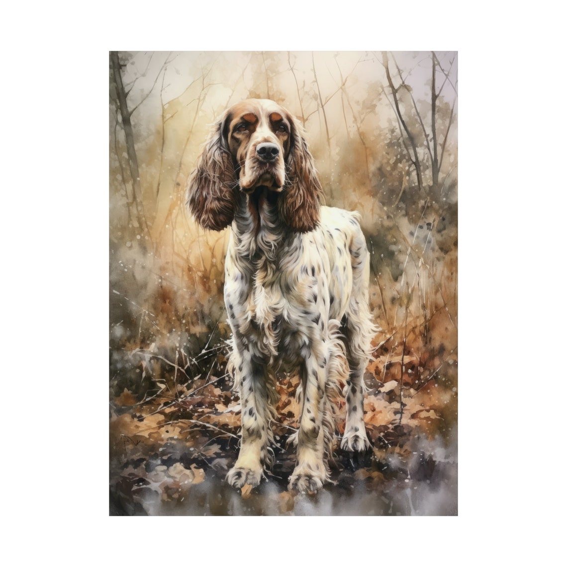 English Cocker Spaniel Standing Among Fallen Leaves Watercolor Print - Image 4