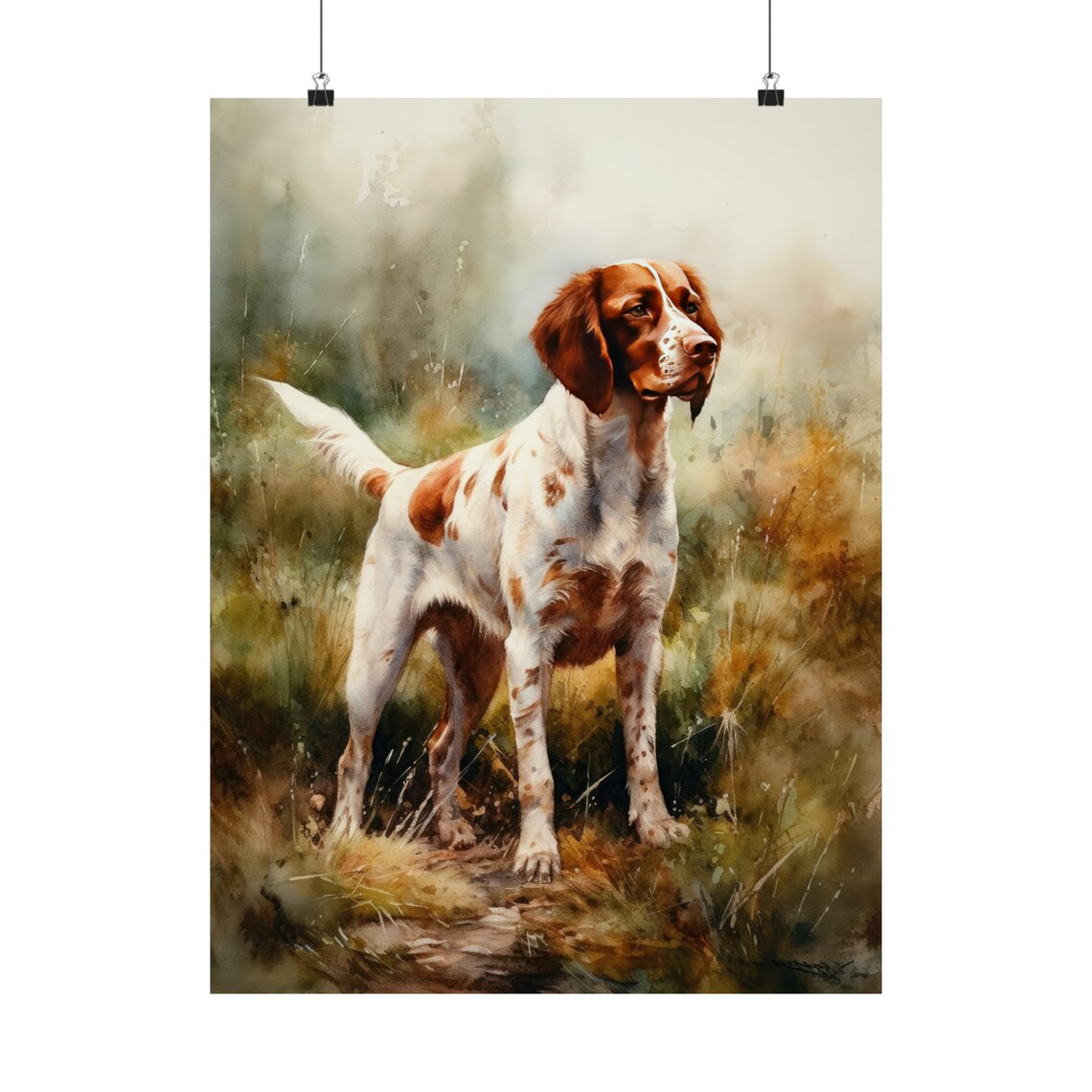 Brittany Dog Standing Alert in Tall Grass Watercolor Portrait Poster - Image 5