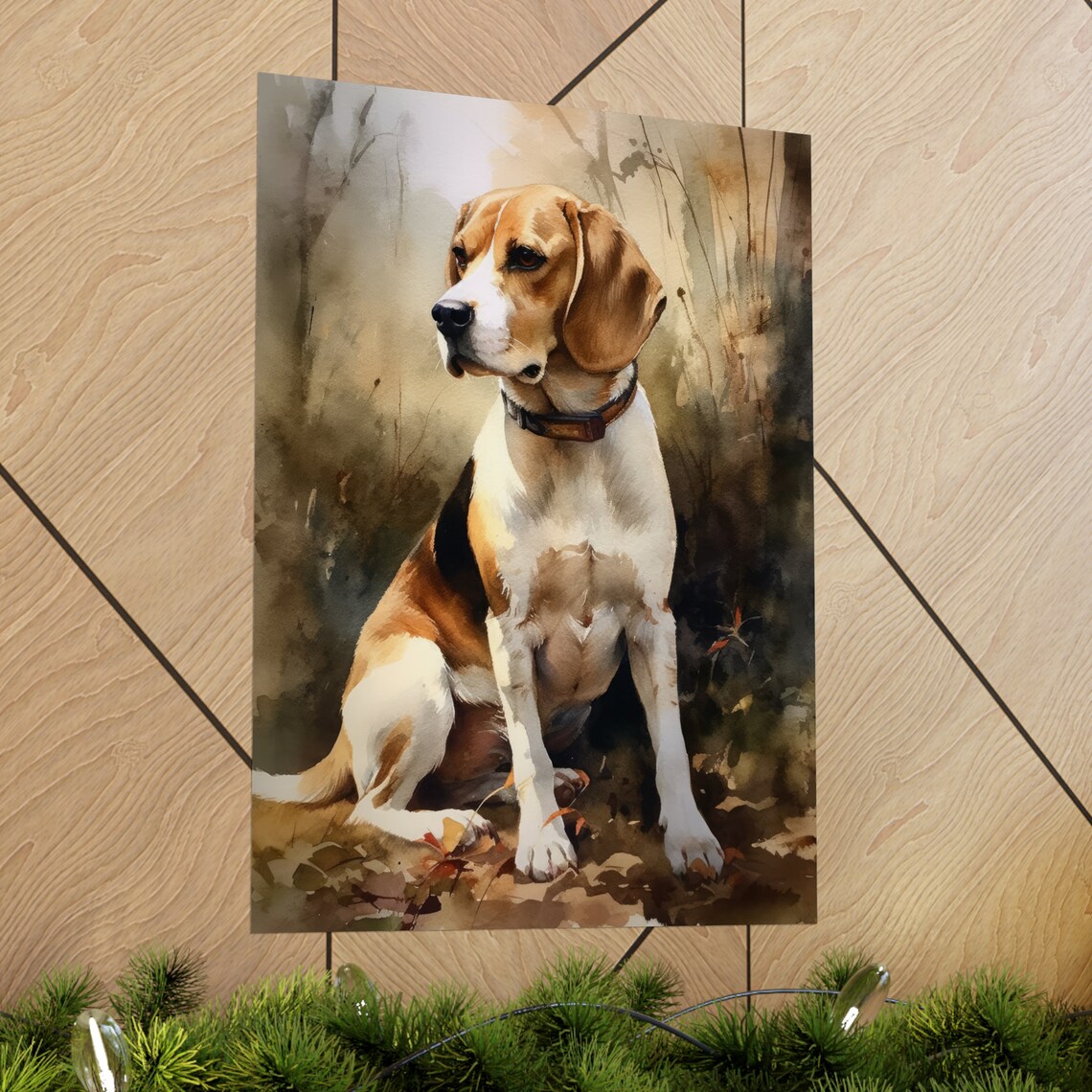 Beagle Dog Autumn Woods Watercolor Sitting Portrait Animal Wall Art - Image 2