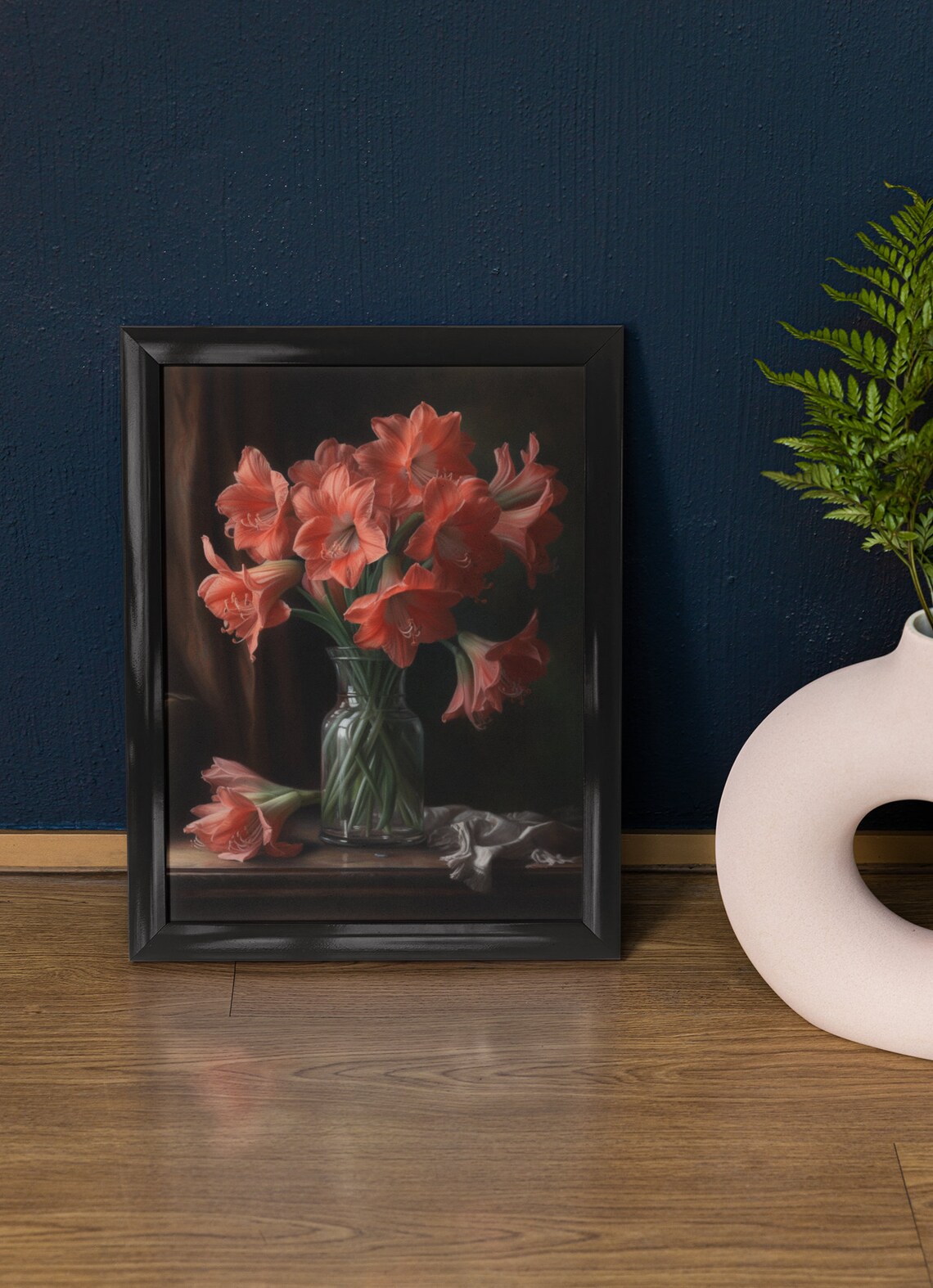 Salmon Amaryllis Flowers Dark Still Life Vase Table Art Print