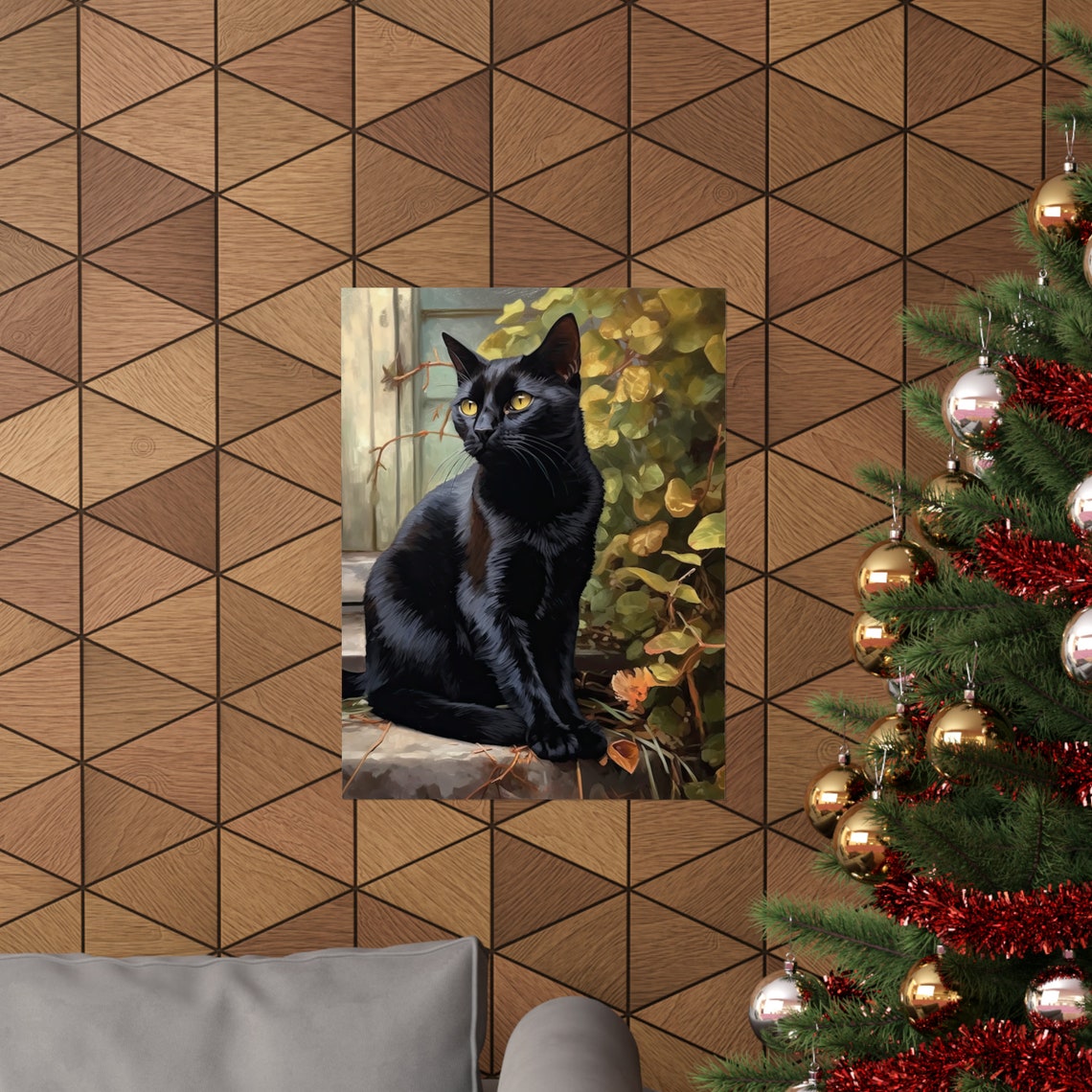 Bombay Black Cat Golden Eyes Leafy Garden Portrait Art Poster - Image 3