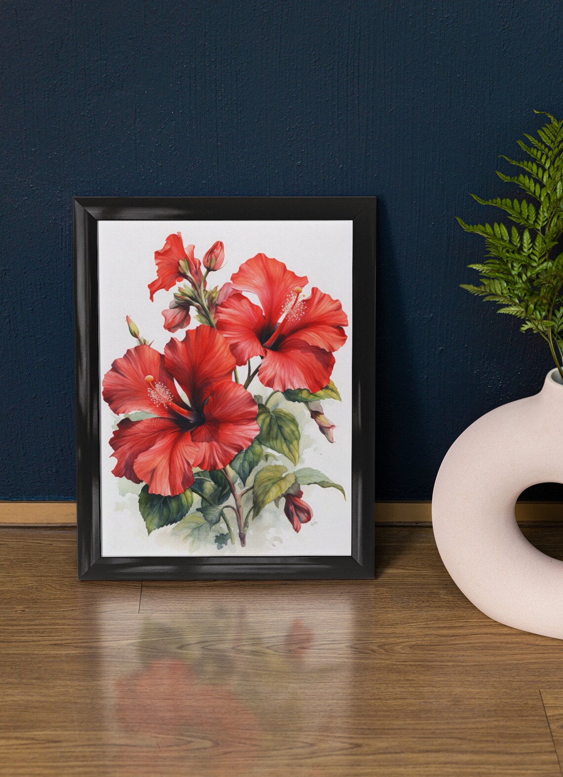 Red Orange Hibiscus Blooms Watercolor Tropical Fine Art Poster