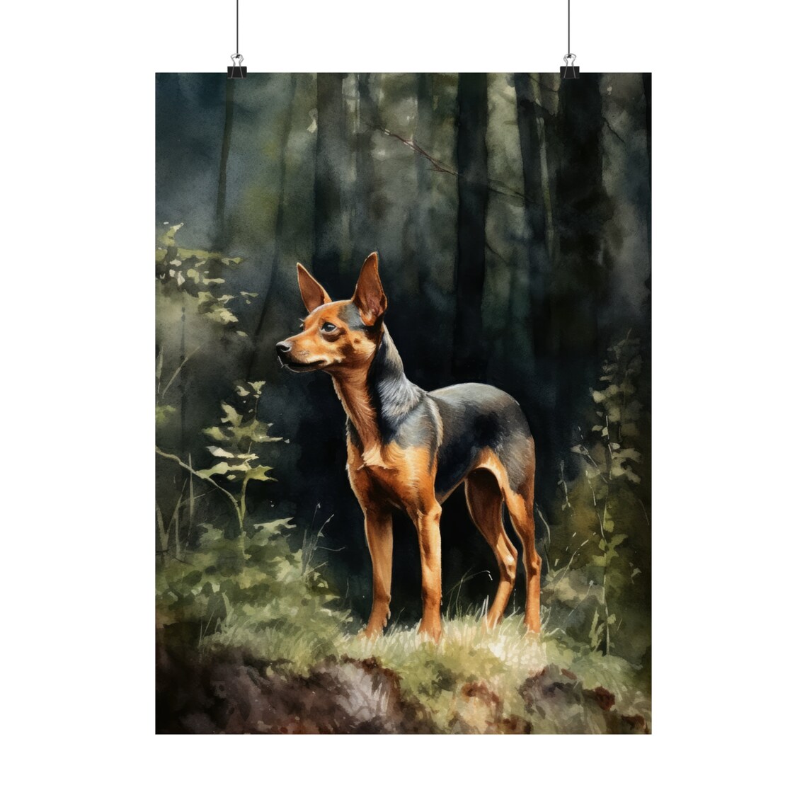 Miniature Pinscher Standing Alert In Dark Forest Watercolor Dog Poster - Image 5