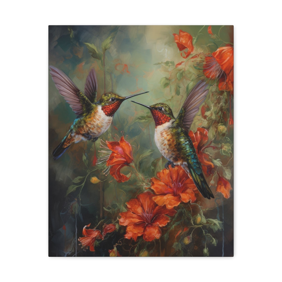 Two Ruby Throated Hummingbirds Red Trumpet Flowers Painterly Art Print - Image 4