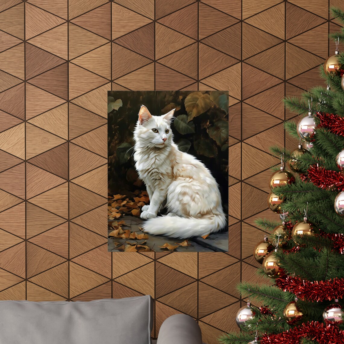 Turkish Angora White Longhaired Cat In Autumn Leaves Portrait Print - Image 3
