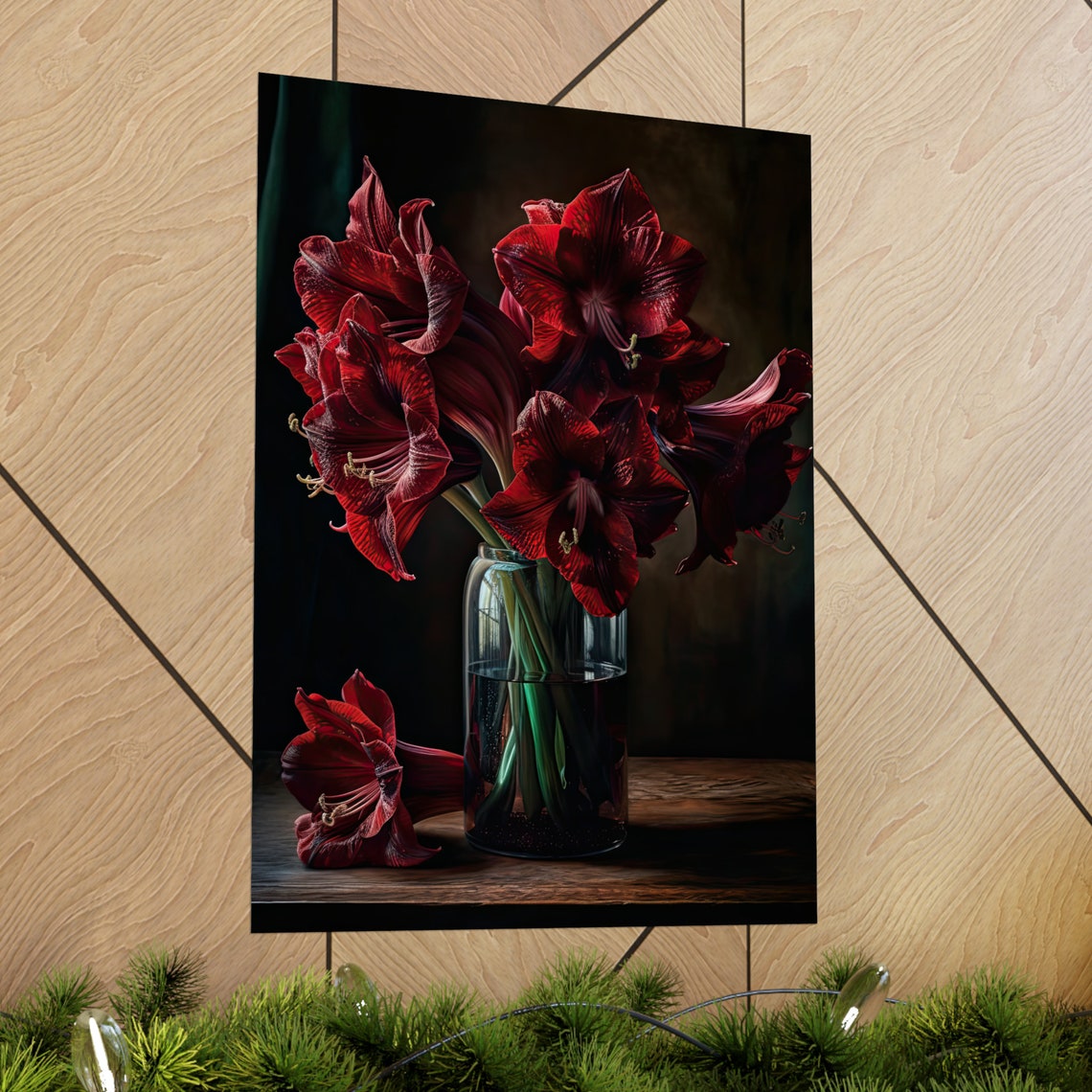 Burgundy Amaryllis Dark Still Life Flowers Glass Vase Art Print - Image 2