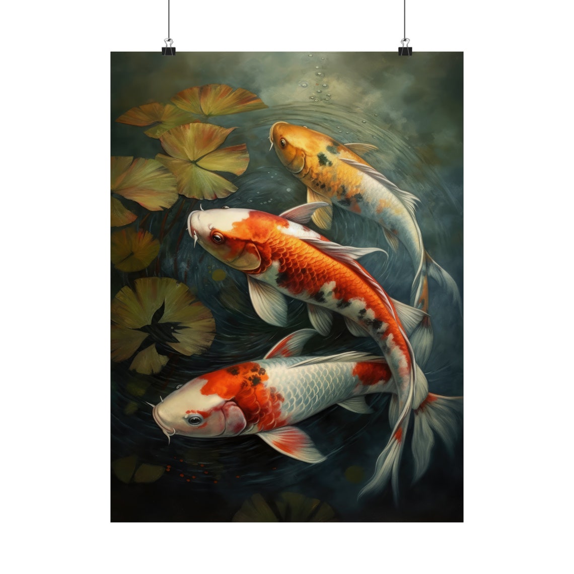 Three Koi Fish Swirling Pond Golden Lily Pads Painting Art Print - Image 5