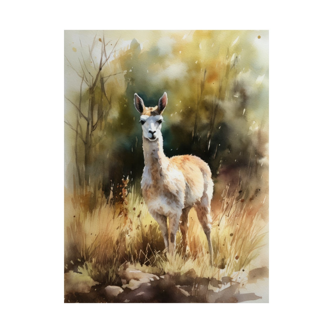 Young Llama Misty Morning Field Watercolor Cute Animal Art Print - Image 4