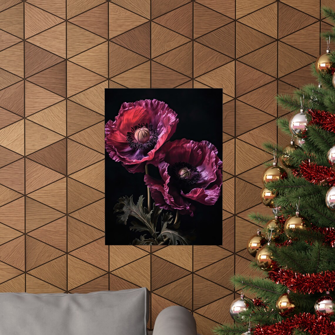 Oriental Poppy Flowers Magenta Crimson Dark Moody Botanical Art Print - Image 3