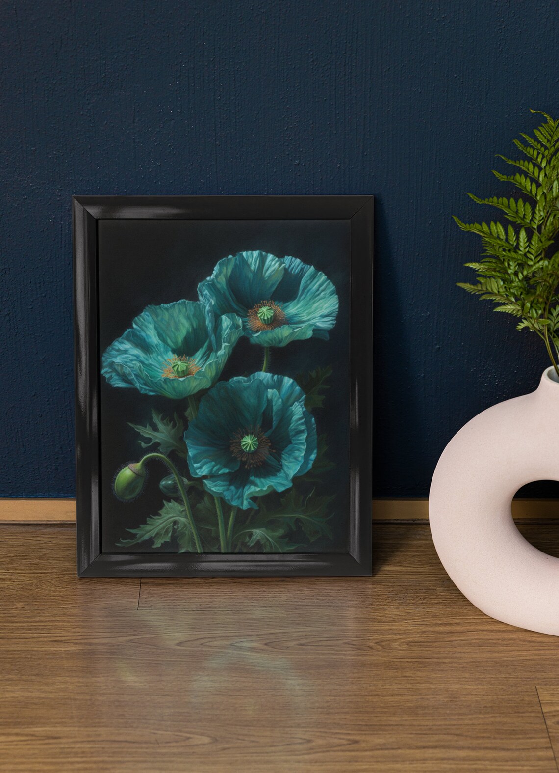 Turquoise Poppy Flowers Dark Background Trio Botanical Painting Poster