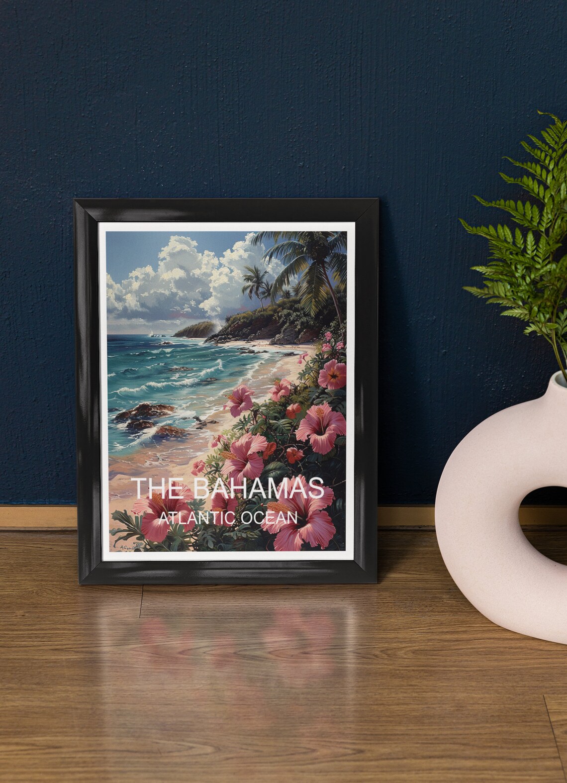 The Bahamas Atlantic Ocean Hibiscus Beach Palm Coast Travel Poster