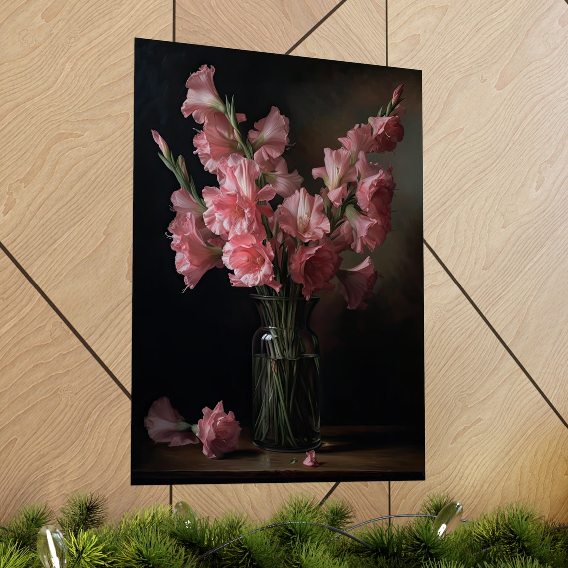 Pink Gladiolus Spikes Glass Vase Dark Moody Still Life Flower Poster - Image 2