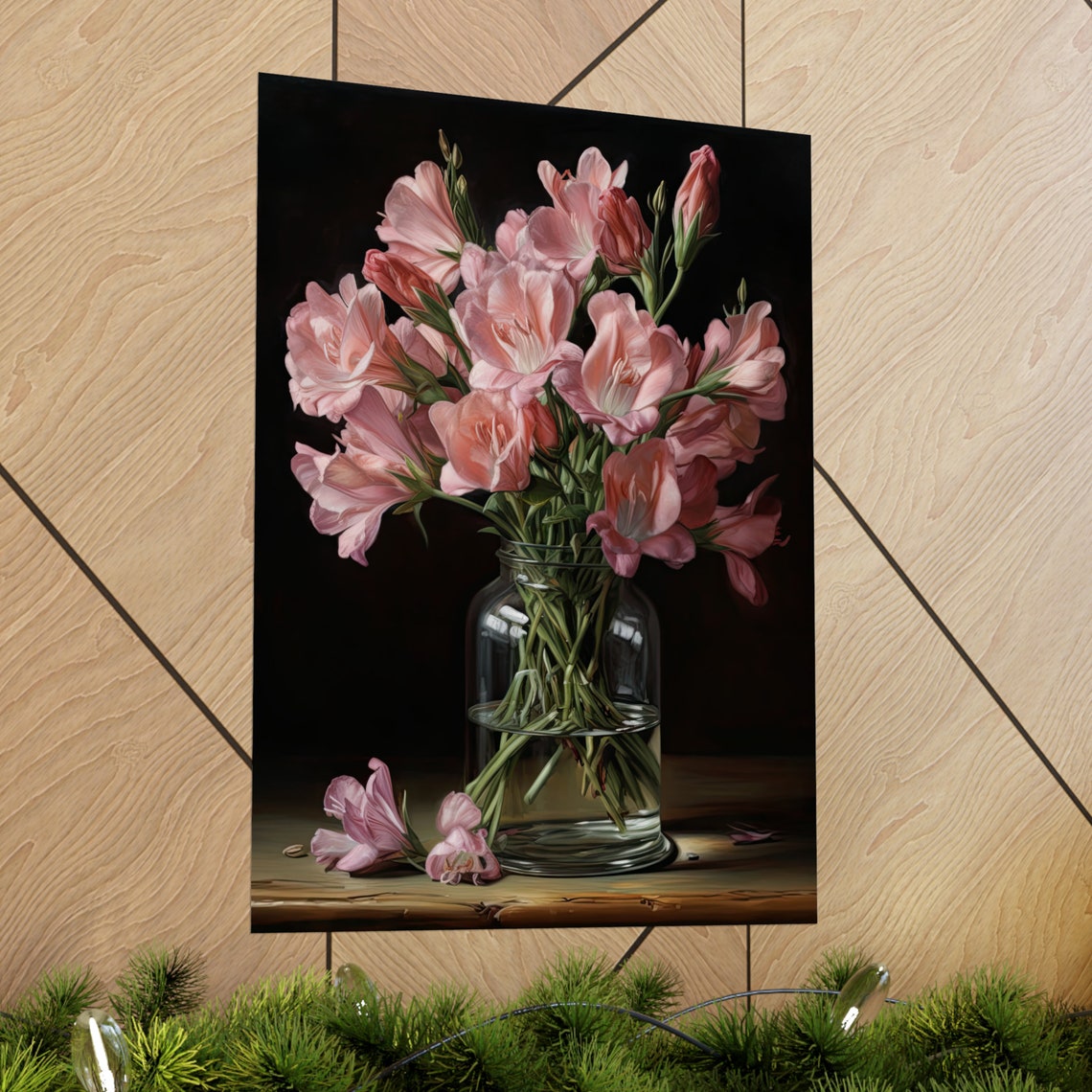 Pink Freesia Flowers Dark Still Life Bouquet Glass Vase Art Print - Image 2