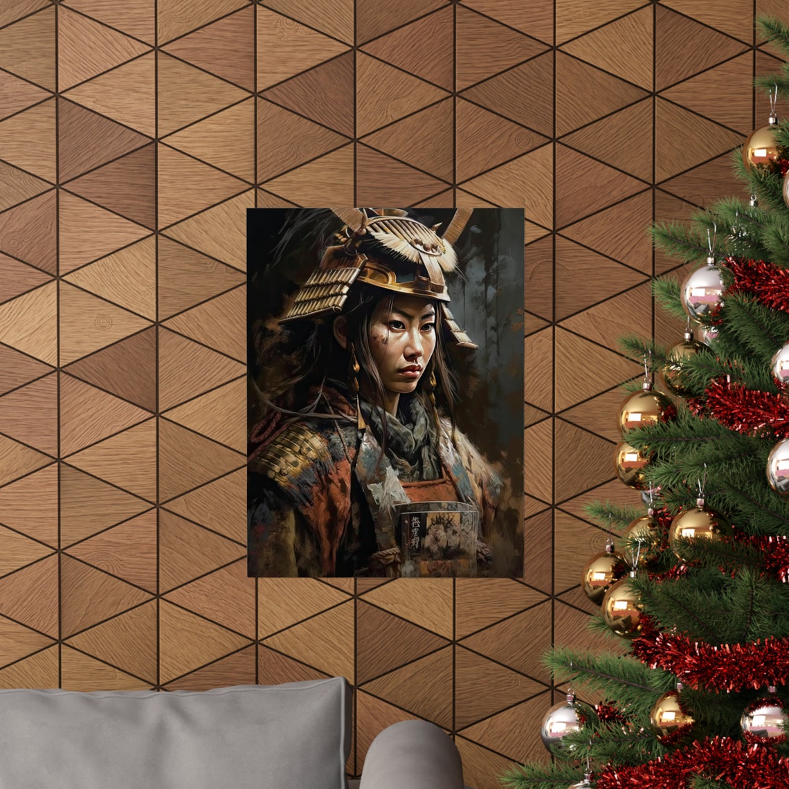 Female Samurai Warrior in Ornate Kabuto Helmet Oil Painting Art Print - Image 3