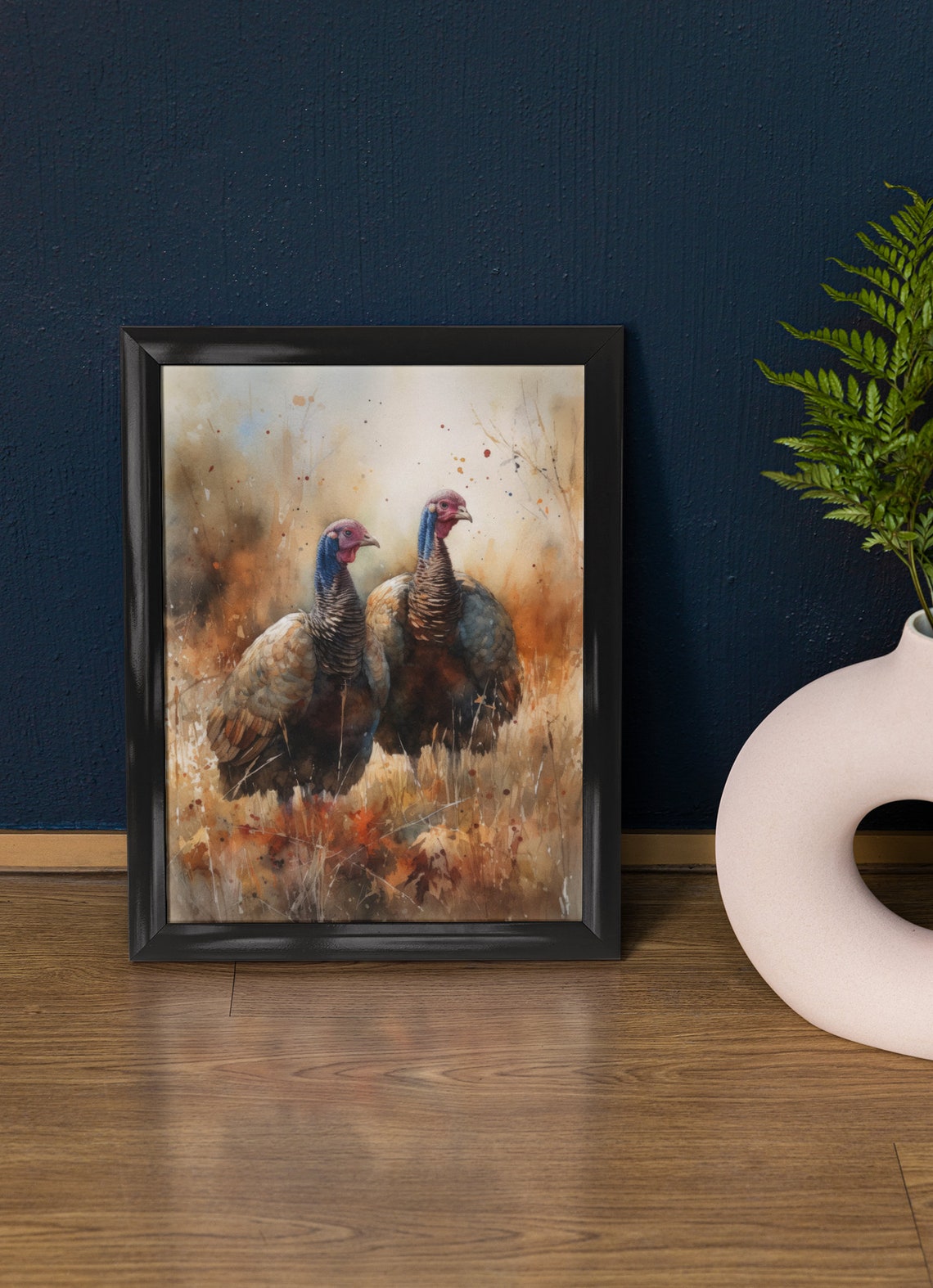 Pair of Wild Turkeys Golden Meadow Watercolor Rustic Wall Art Print