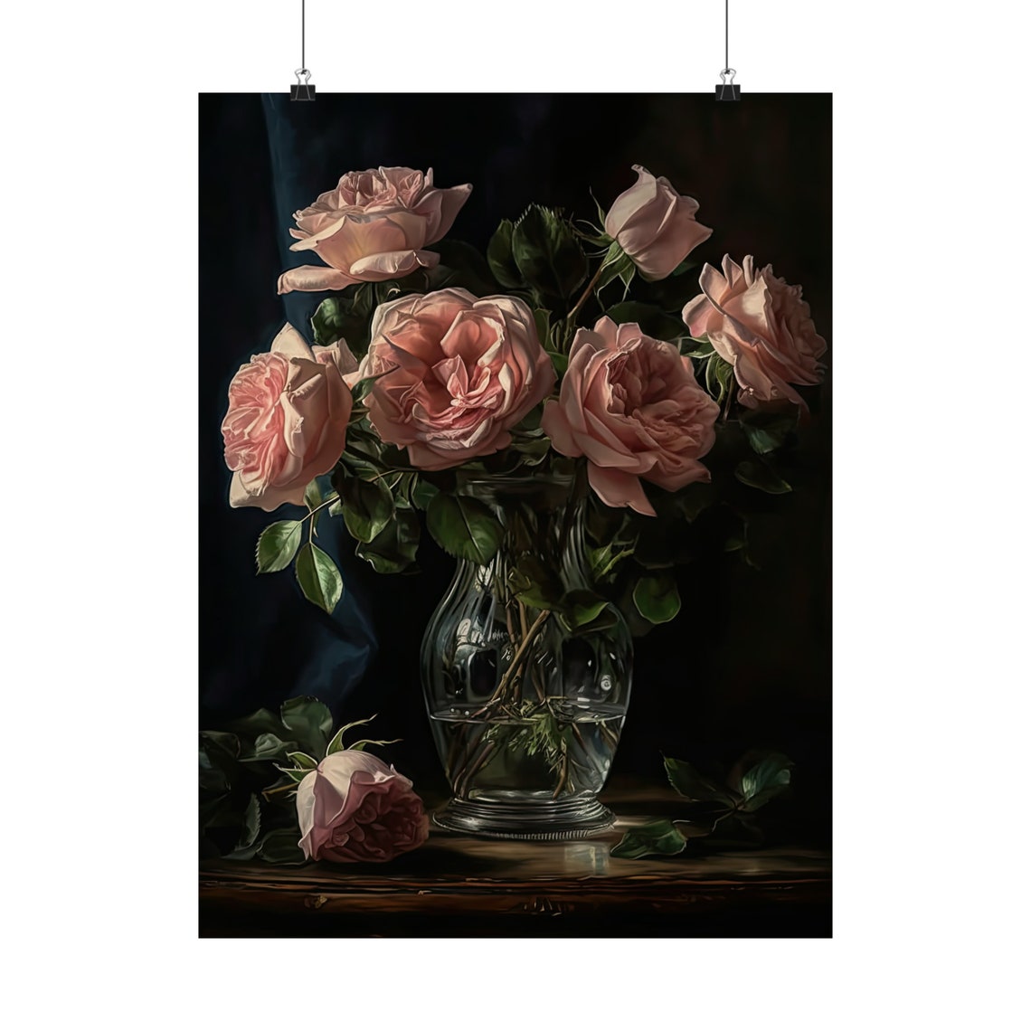 Pink Rose Bouquet Blush Blooms Dark Background Romantic Art Poster - Image 5
