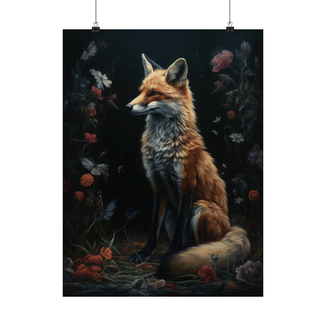 Red Fox Sitting In Profile With Butterflies In Dark Floral Art Poster - Image 5