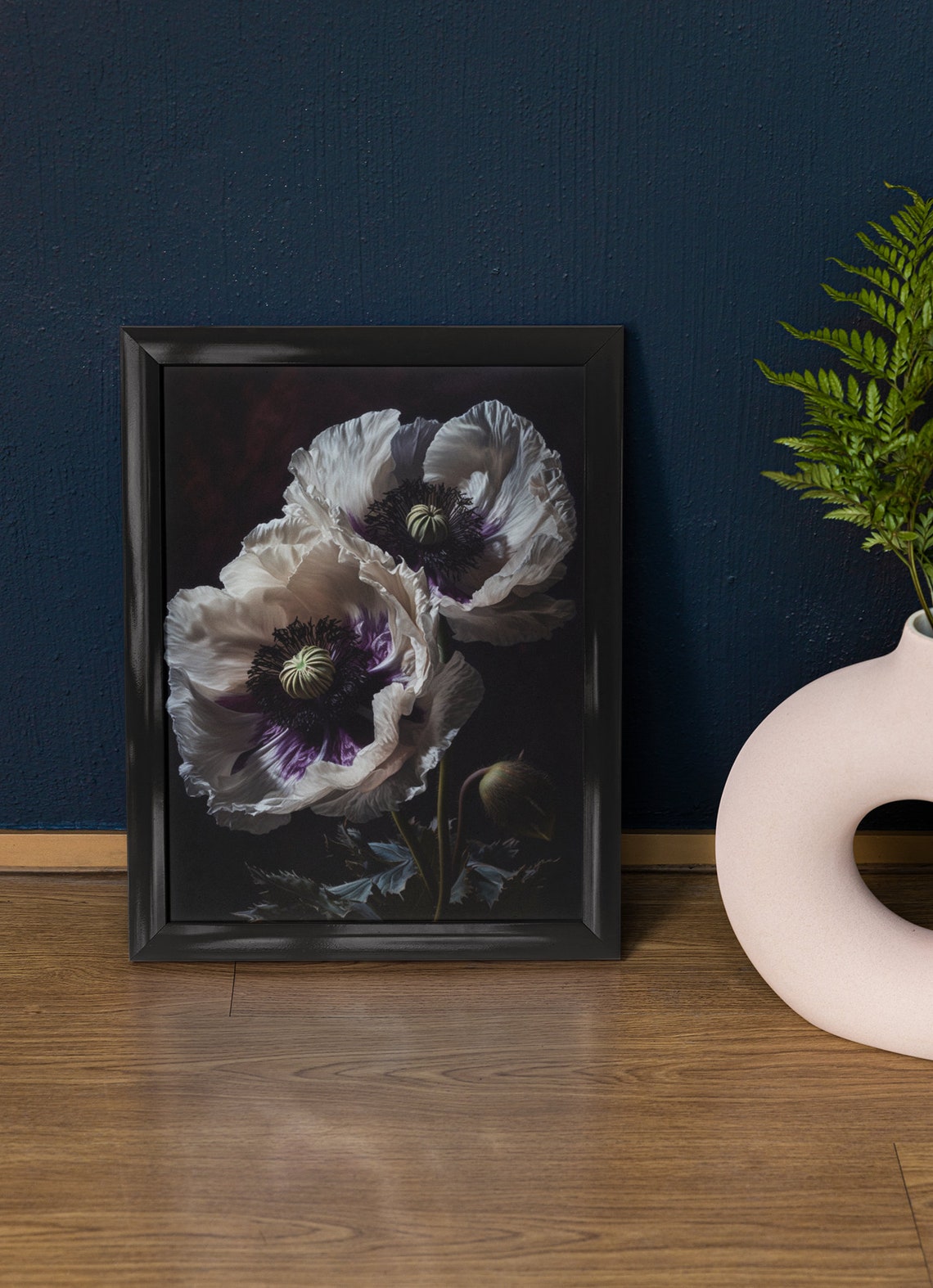 Oriental Poppy White Blossoms Purple Center Dark Botanical Art Print