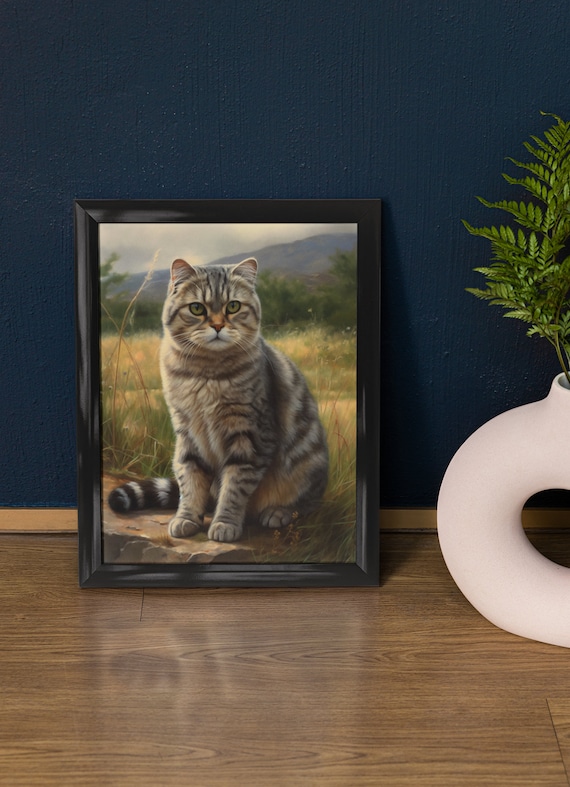Scottish Fold Silver Tabby Cat Meadow Rock Cute Feline Art Poster