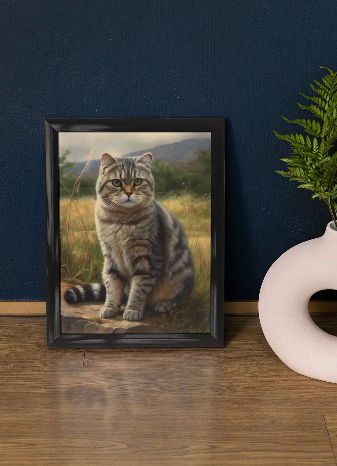 Scottish Fold Silver Tabby Cat Meadow Rock Cute Feline Art Poster