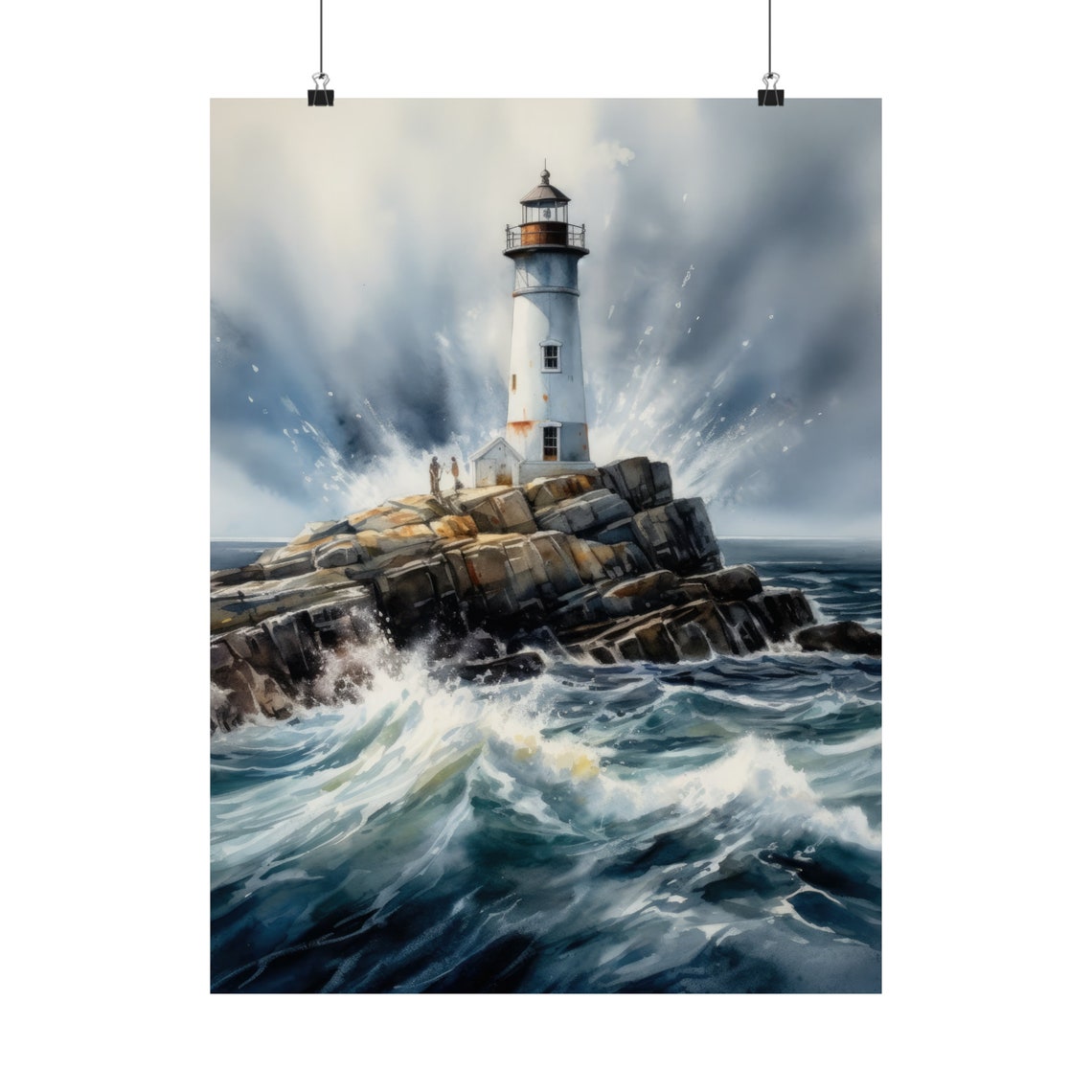 White Lighthouse Rocky Island Crashing Waves Watercolor Poster - Image 5