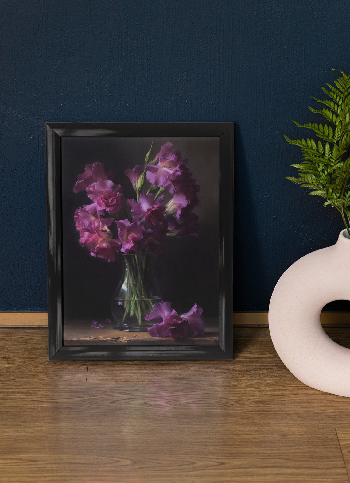 Purple Gladiolus Blooms Glass Vase Dark Moody Still Life Flower Poster