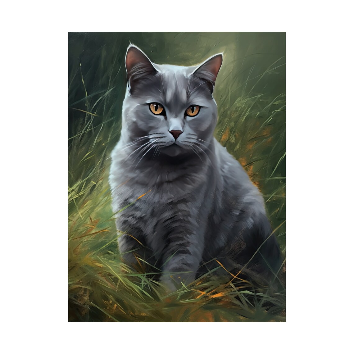 Chartreux Cat Blue Gray Shorthair Golden Eyes Portrait In Grass Art Print - Image 4