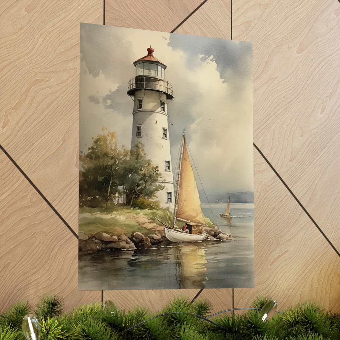 White Lighthouse Sailboat Rocky Coast Watercolor Beach Wall Art - Image 2