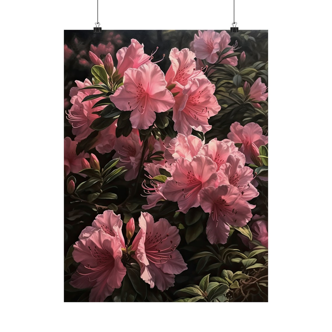 Pink Azalea Blossoms Dark Botanical Oil Painting Style Art Poster - Image 5